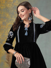 Women's Black Solid & Embroidered Velvet Flared Dress-DRSBLACKPRETTY